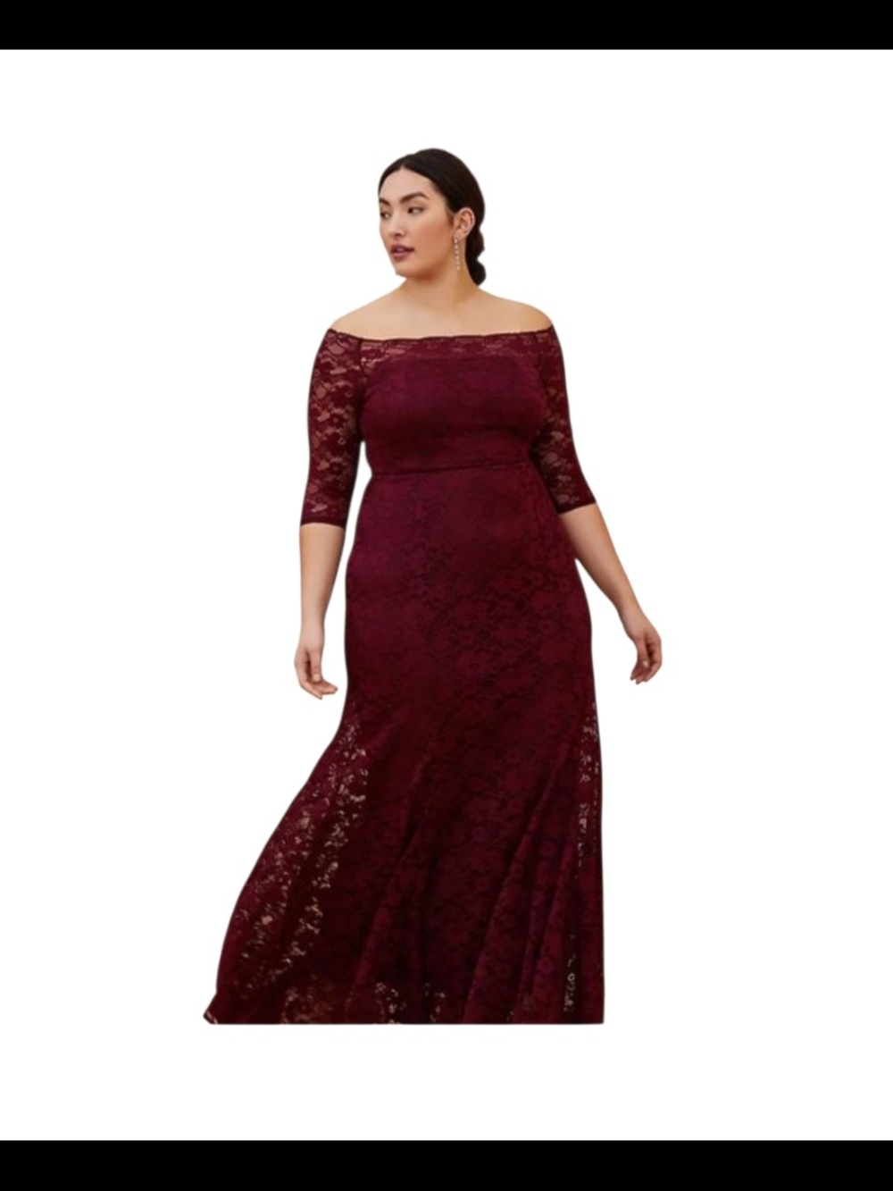 Torrid Off-Shoulder Lace Maxi Dress in Burgundy